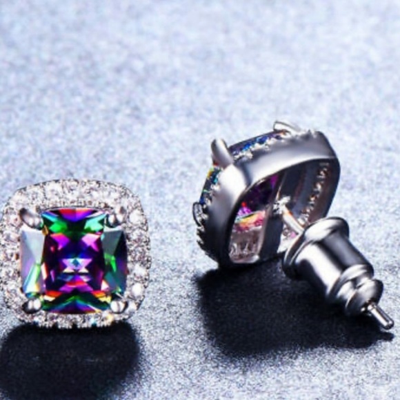 **RAINBOW MYSTIC TOPAZ DIAMOND HALO STUD EARRINGS - Picture 4 of 4